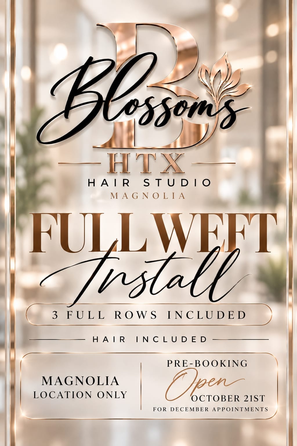 Blossoms HTX Hair Studio Magnolia — Full Weft Install, 3 full rows included, hair included. Pre-booking open October 21st for December appointments.